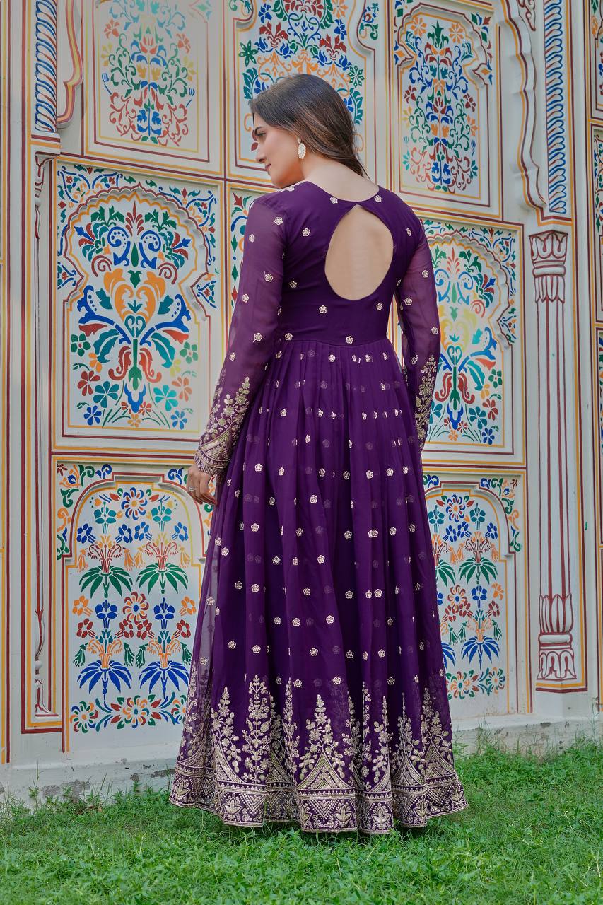 Prazu Fashion Violet Georgette Thread With Sequence Work Anarkali Suit | Grocsy