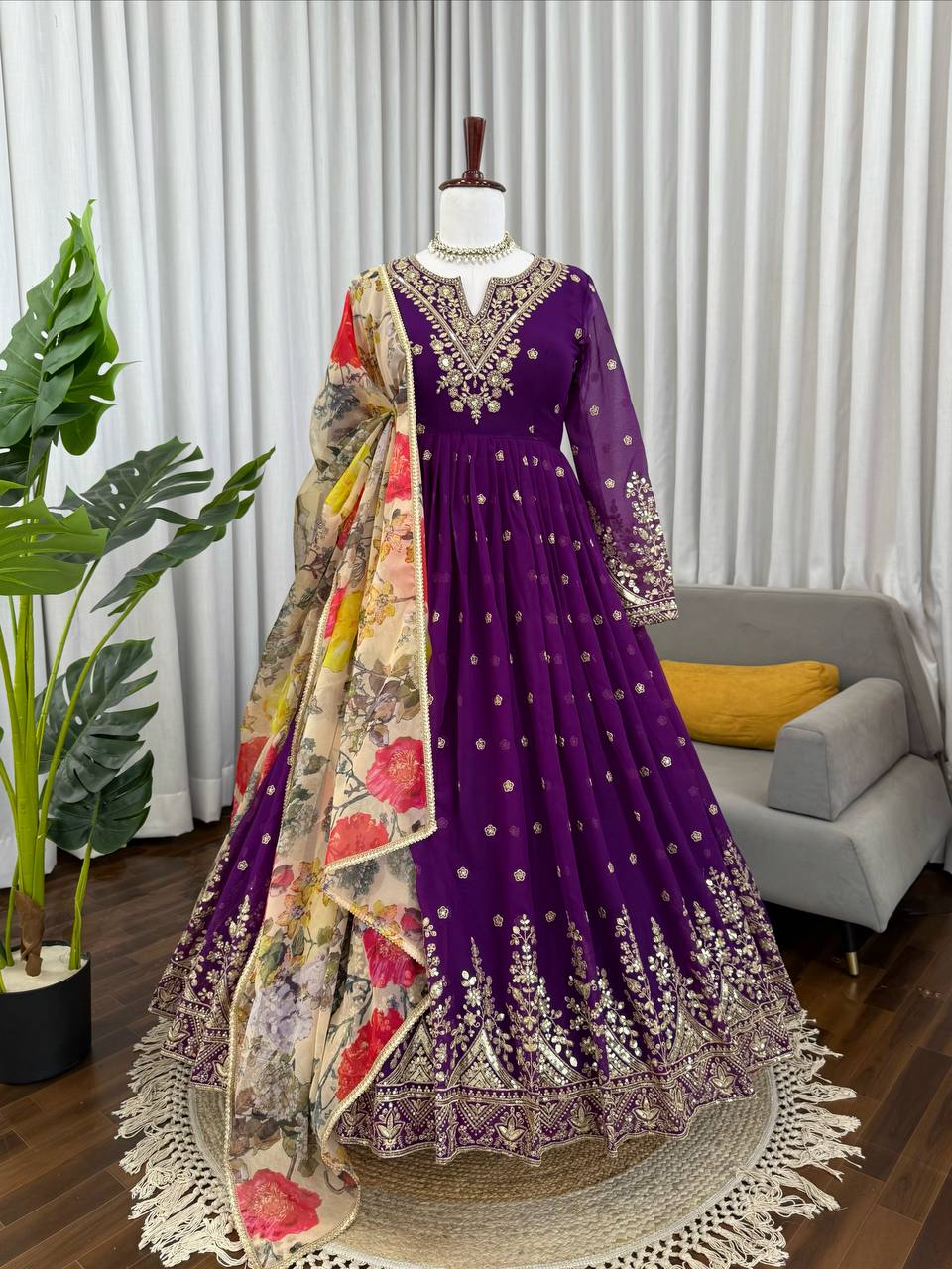 Prazu Fashion Violet Georgette Thread With Sequence Work Anarkali Suit | Grocsy