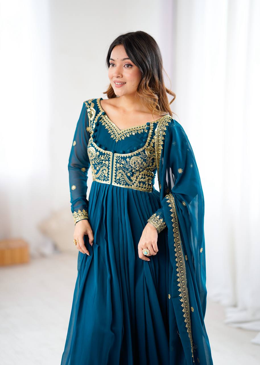 Prazu Fashion Royal Blue Faux Georgette Embroidered Sequin Anarkali Suit | Grocsy