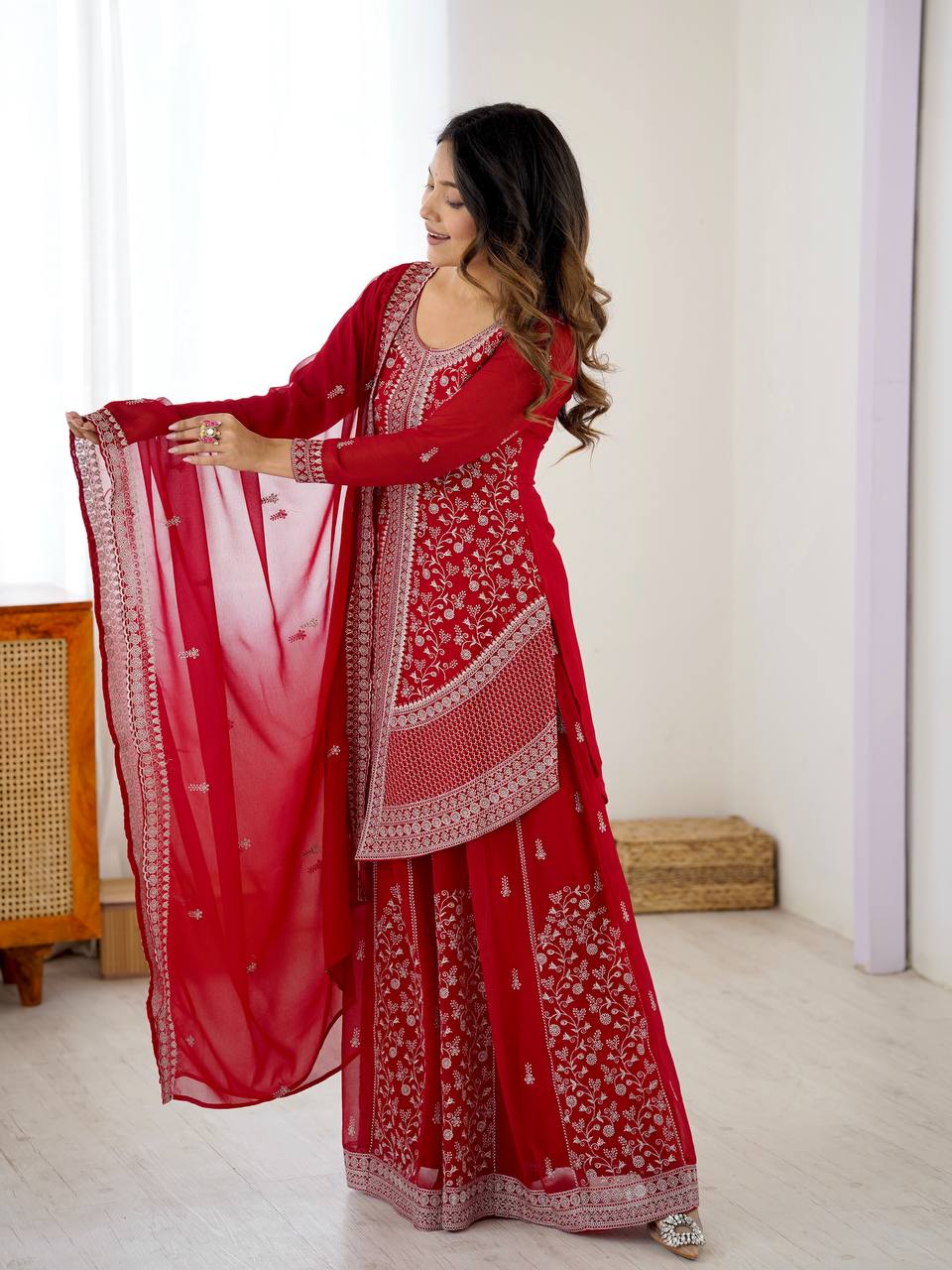 Prazu Fashion Red Faux Georgette Embroidered Thread Work Plazzo Suit | Grocsy