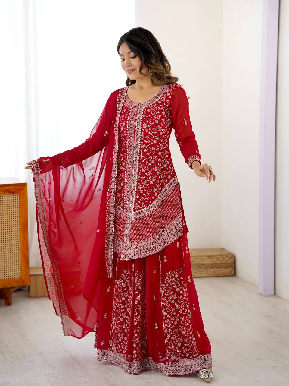 Prazu Fashion Red Faux Georgette Embroidered Thread Work Plazzo Suit | Grocsy