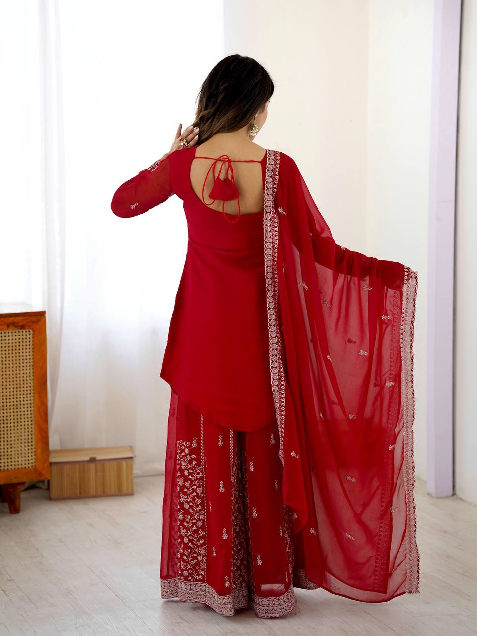 Prazu Fashion Red Faux Georgette Embroidered Thread Work Plazzo Suit | Grocsy
