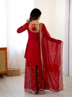 Prazu Fashion Red Faux Georgette Embroidered Thread Work Plazzo Suit | Grocsy