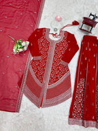 Prazu Fashion Red Faux Georgette Embroidered Thread Work Plazzo Suit | Grocsy