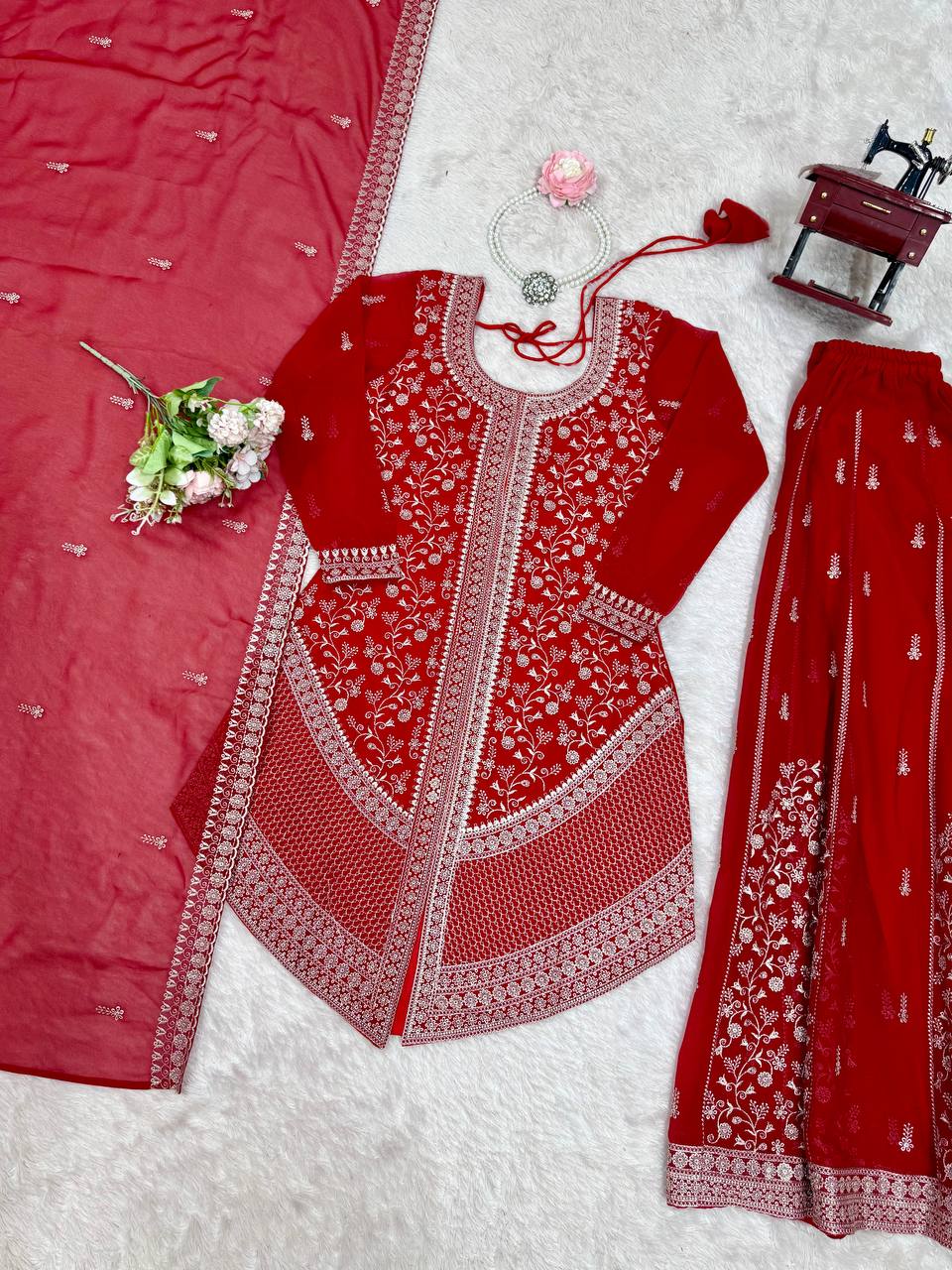 Prazu Fashion Red Faux Georgette Embroidered Thread Work Plazzo Suit | Grocsy