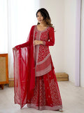 Prazu Fashion Red Faux Georgette Embroidered Thread Work Plazzo Suit | Grocsy