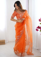 Prazu Fashion Orange Thread Sequence Organza Silk Party Wear Saree | Grocsy