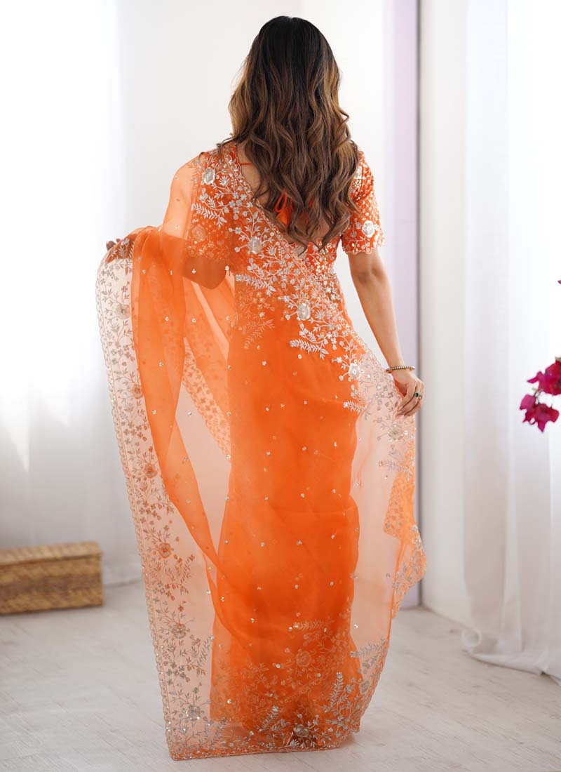 Prazu Fashion Orange Thread Sequence Organza Silk Party Wear Saree | Grocsy