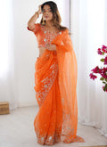 Prazu Fashion Orange Thread Sequence Organza Silk Party Wear Saree | Grocsy