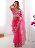 Prazu Fashion Pink Thread Sequence Organza Silk Party Wear Saree | Grocsy
