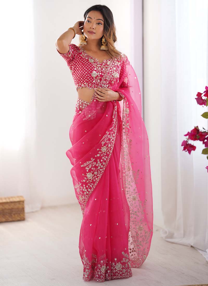 Prazu Fashion Pink Thread Sequence Organza Silk Party Wear Saree | Grocsy