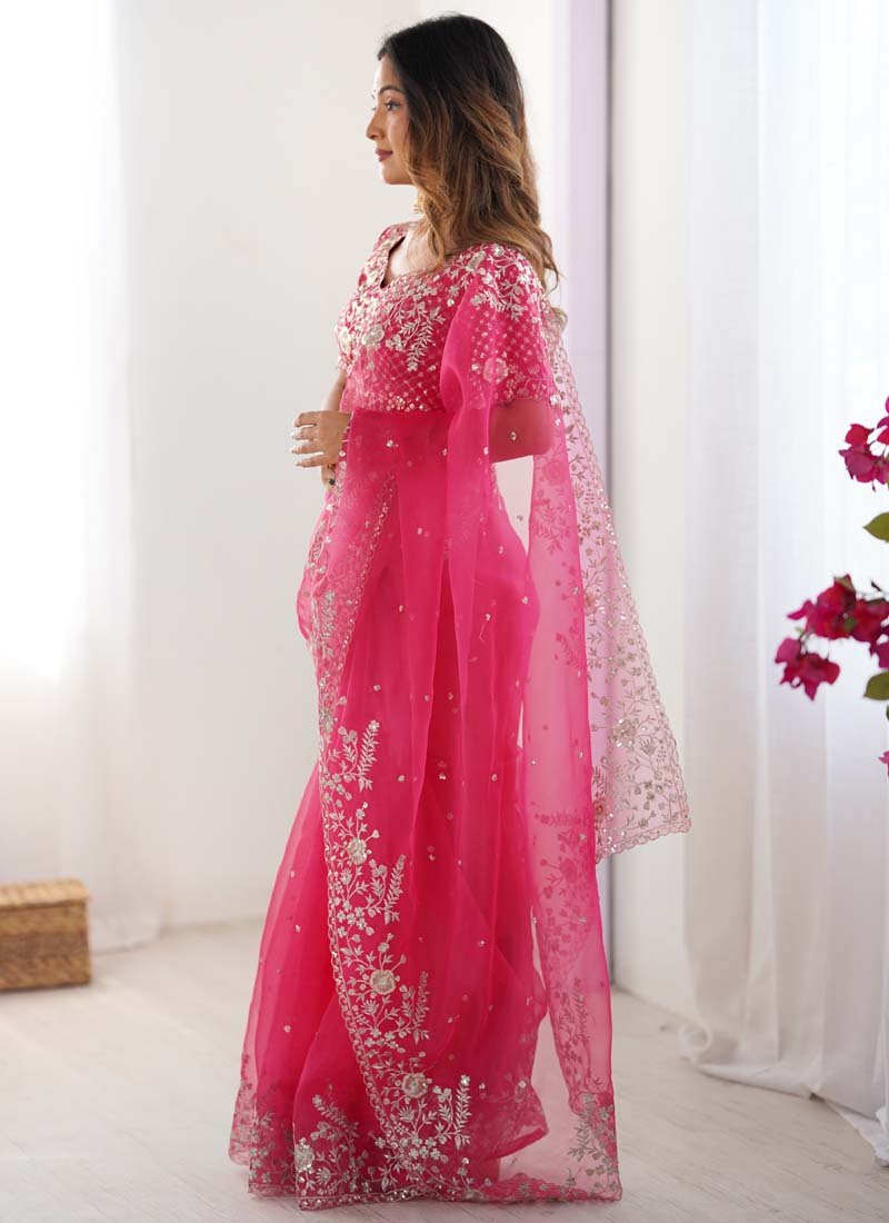 Prazu Fashion Pink Thread Sequence Organza Silk Party Wear Saree | Grocsy