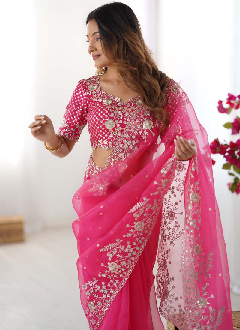 Prazu Fashion Pink Thread Sequence Organza Silk Party Wear Saree | Grocsy