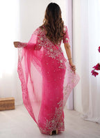 Prazu Fashion Pink Thread Sequence Organza Silk Party Wear Saree | Grocsy