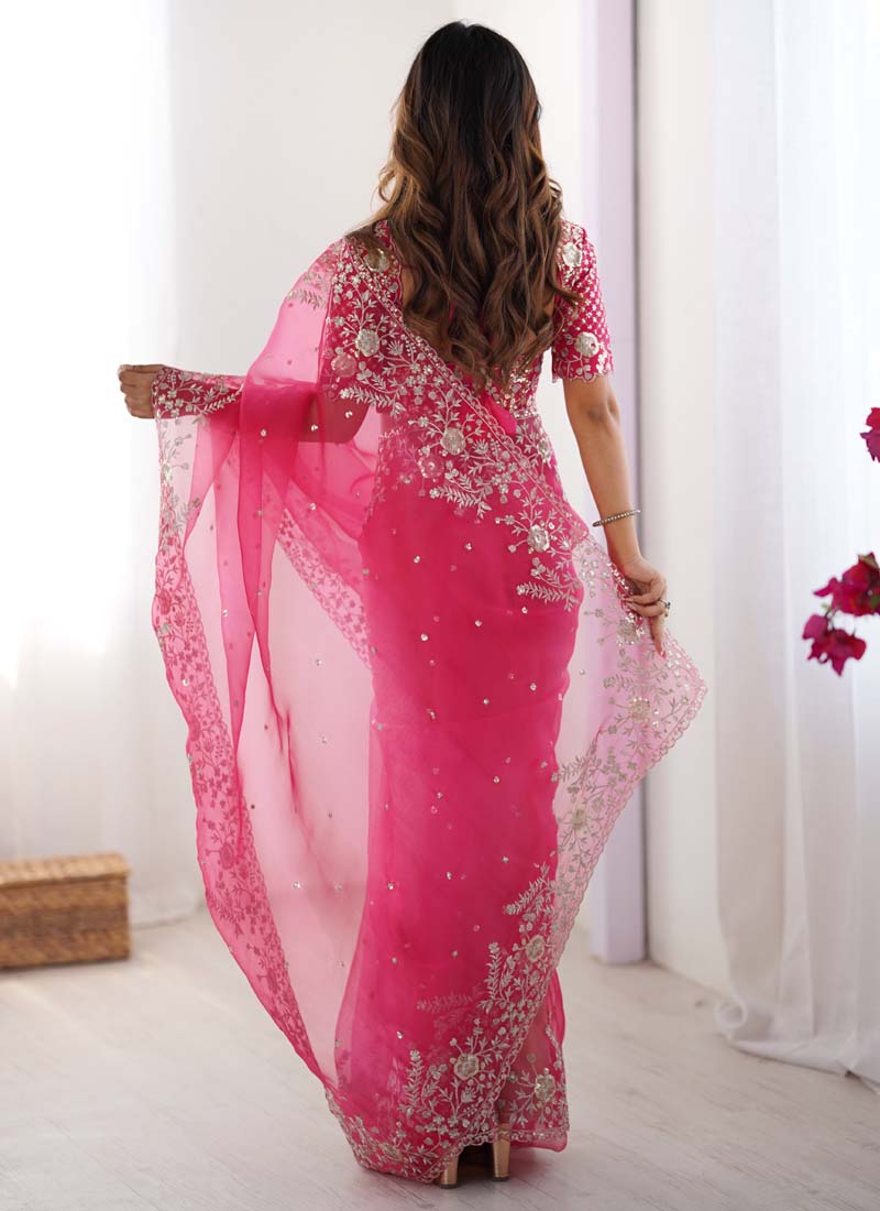 Prazu Fashion Pink Thread Sequence Organza Silk Party Wear Saree | Grocsy
