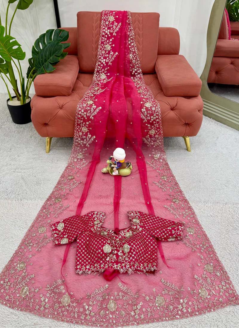 Prazu Fashion Pink Thread Sequence Organza Silk Party Wear Saree | Grocsy