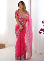 Prazu Fashion Pink Thread Sequence Organza Silk Party Wear Saree | Grocsy