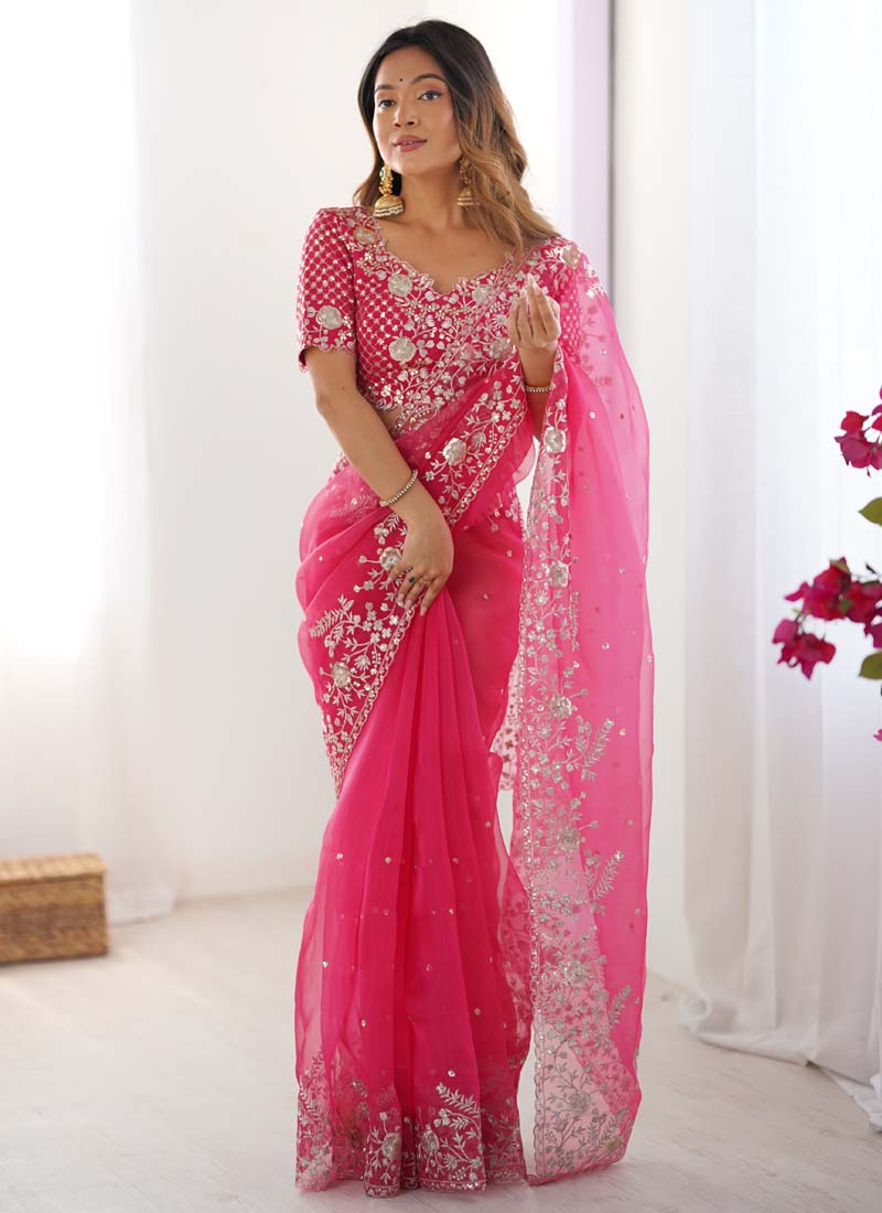 Prazu Fashion Pink Thread Sequence Organza Silk Party Wear Saree | Grocsy