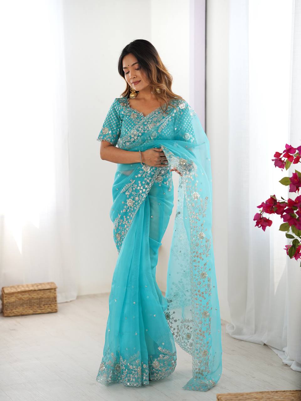 Prazu Fashion Sky Blue Thread Sequence Organza Silk Party Wear Saree | Grocsy