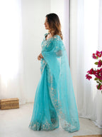 Prazu Fashion Sky Blue Thread Sequence Organza Silk Party Wear Saree | Grocsy