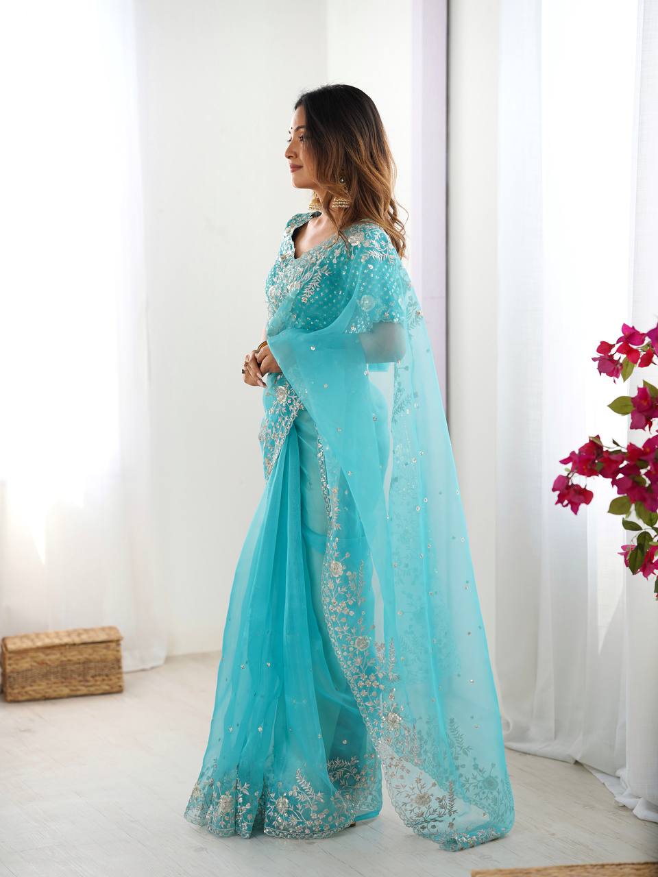 Prazu Fashion Sky Blue Thread Sequence Organza Silk Party Wear Saree | Grocsy