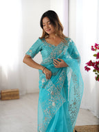Prazu Fashion Sky Blue Thread Sequence Organza Silk Party Wear Saree | Grocsy