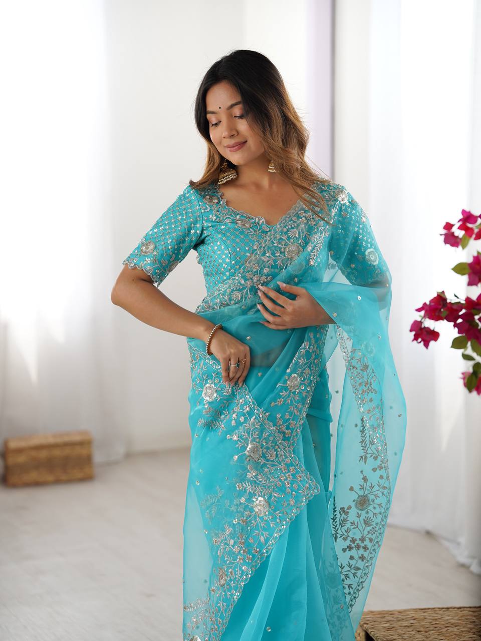 Prazu Fashion Sky Blue Thread Sequence Organza Silk Party Wear Saree | Grocsy