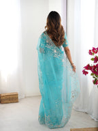 Prazu Fashion Sky Blue Thread Sequence Organza Silk Party Wear Saree | Grocsy