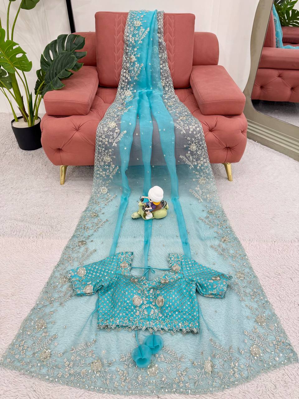Prazu Fashion Sky Blue Thread Sequence Organza Silk Party Wear Saree | Grocsy