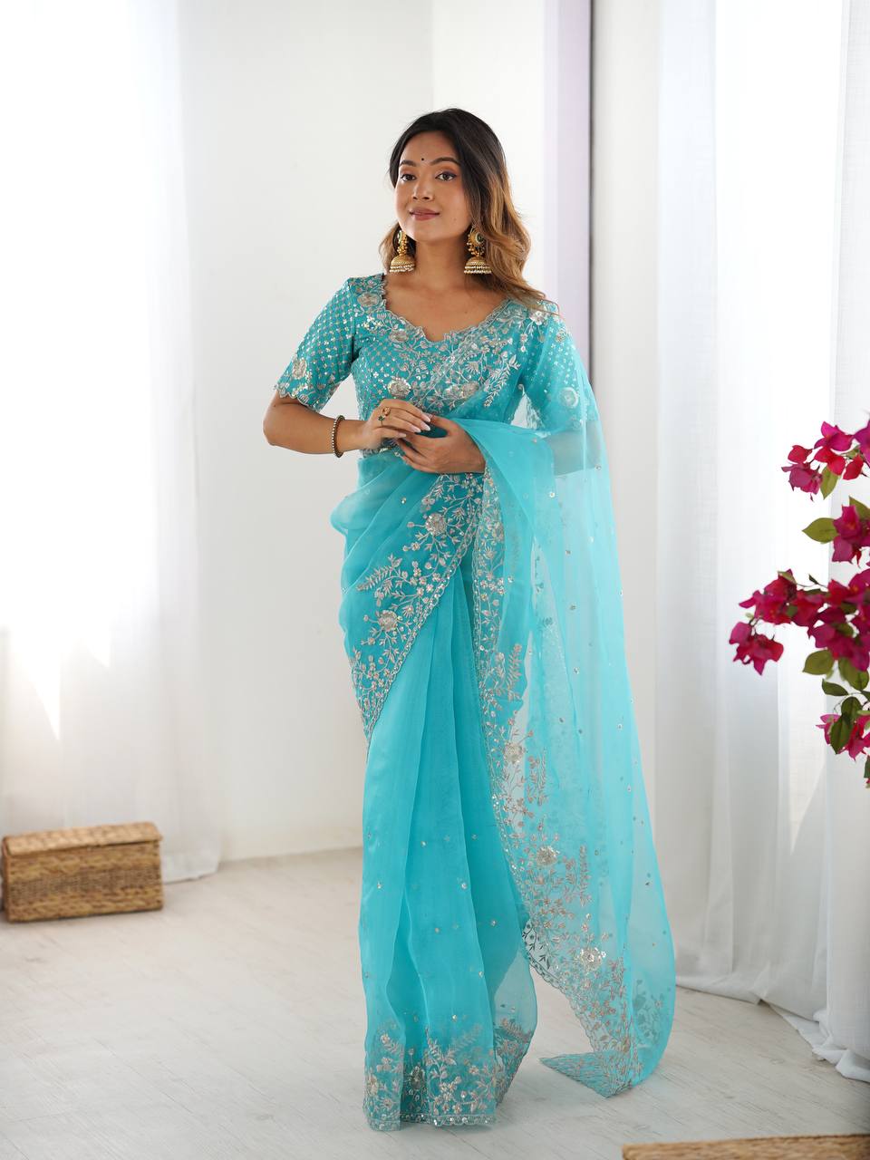 Prazu Fashion Sky Blue Thread Sequence Organza Silk Party Wear Saree | Grocsy