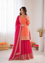Prazu Fashion Peach Georgette Thtead Embroidered Designer Palazzo Suit | Grocsy