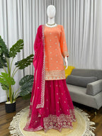 Prazu Fashion Peach Georgette Thtead Embroidered Designer Palazzo Suit | Grocsy