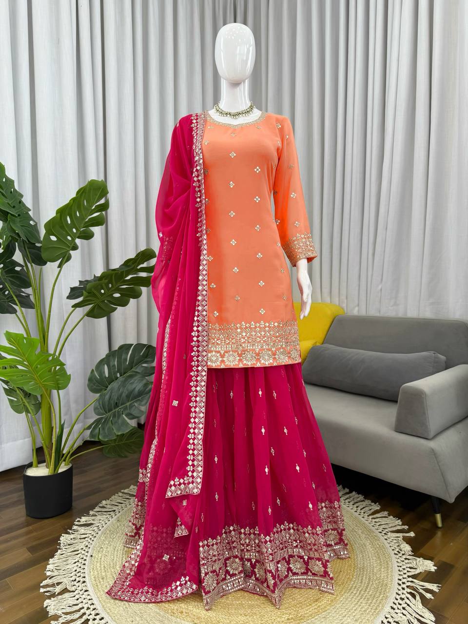 Prazu Fashion Peach Georgette Thtead Embroidered Designer Palazzo Suit | Grocsy