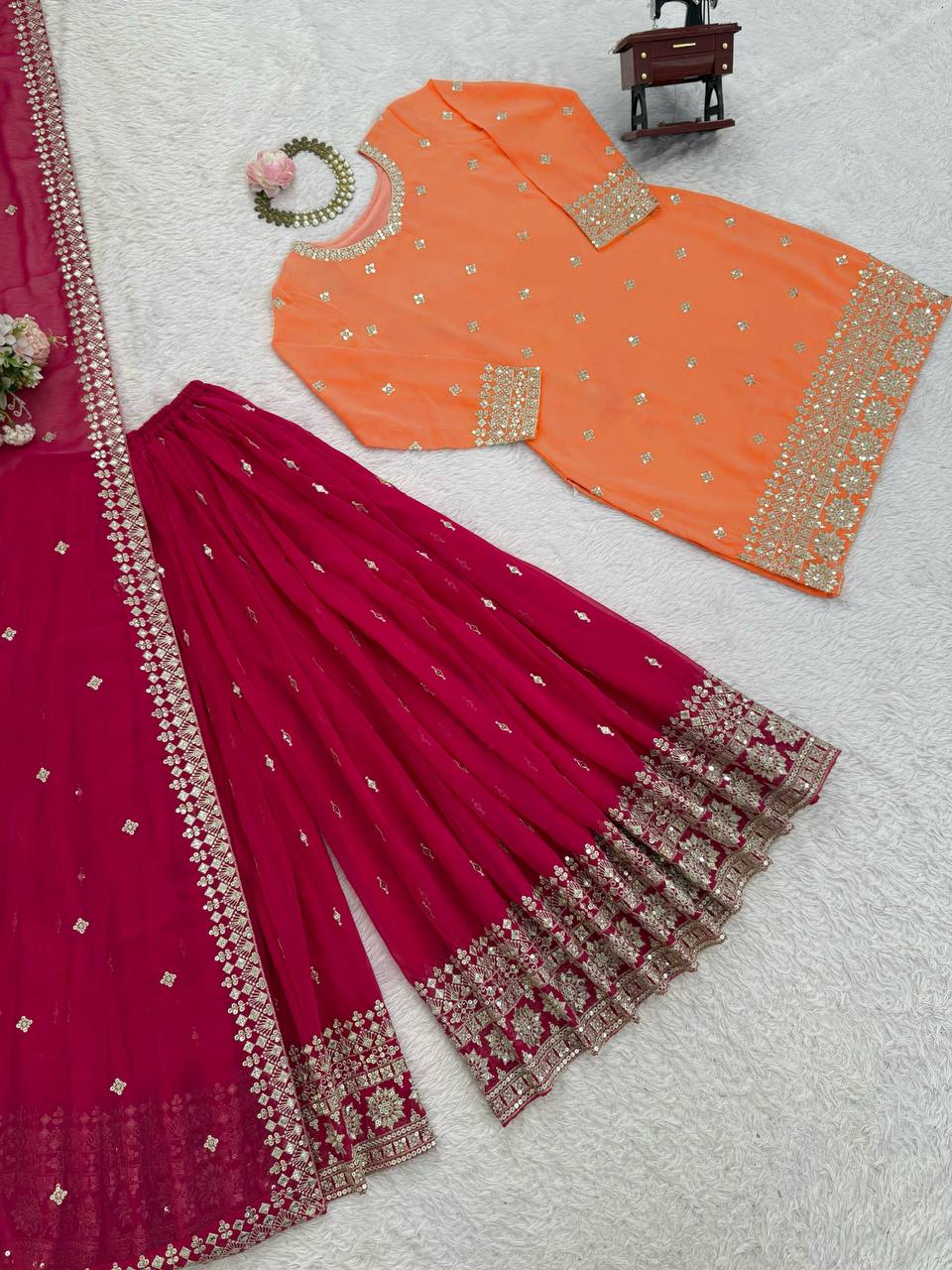 Prazu Fashion Peach Georgette Thtead Embroidered Designer Palazzo Suit | Grocsy