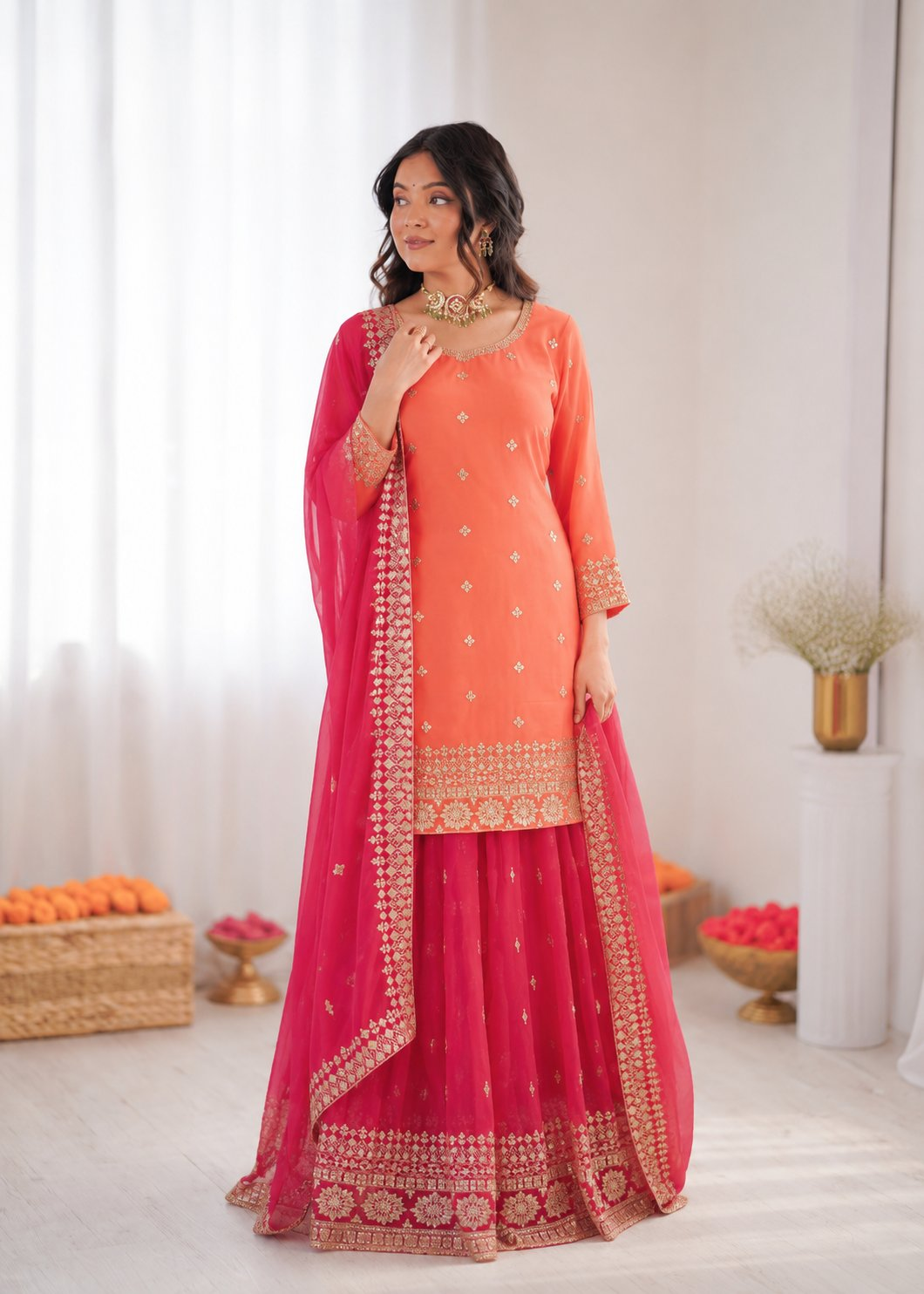 Prazu Fashion Peach Georgette Thtead Embroidered Designer Palazzo Suit | Grocsy