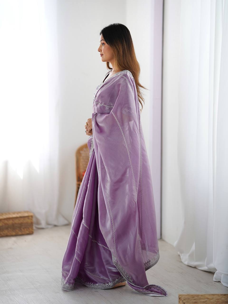 Prazu Fashion Lavender Thread Sequence Organza Silk Party Wear Saree | Grocsy