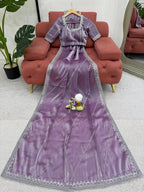 Prazu Fashion Lavender Thread Sequence Organza Silk Party Wear Saree | Grocsy