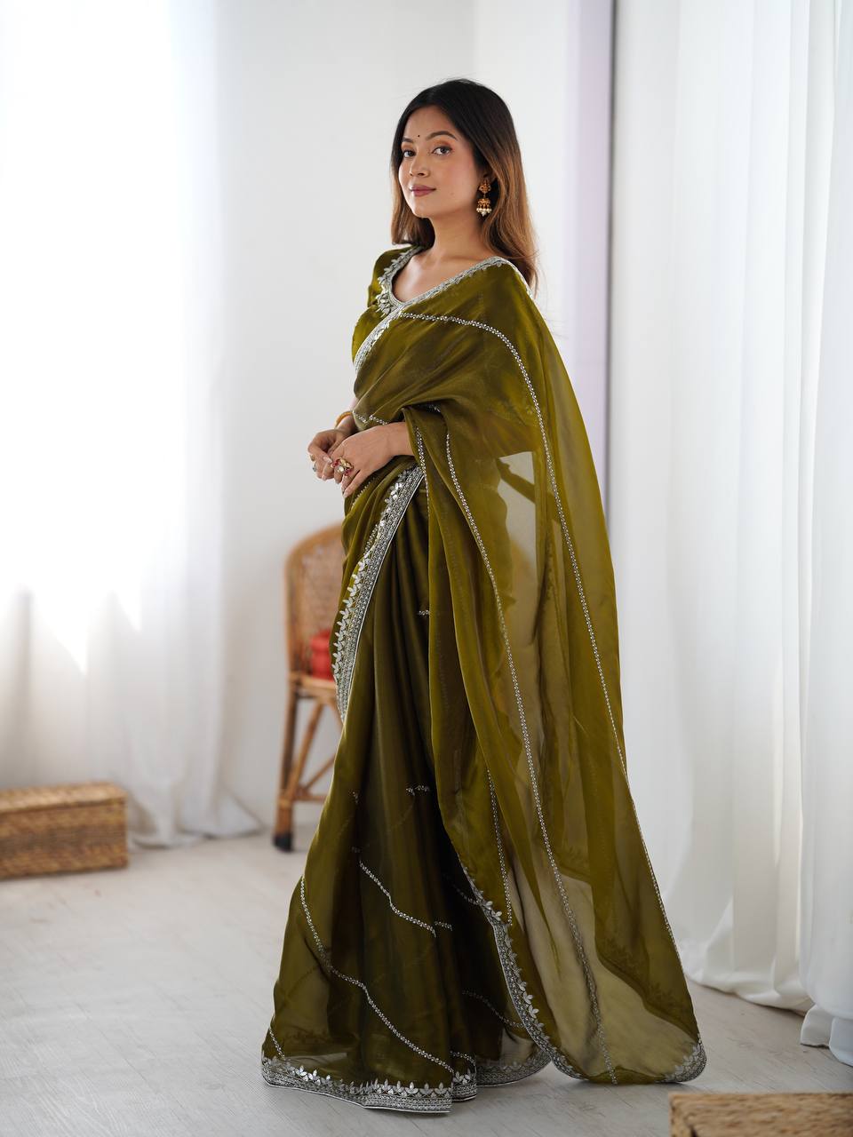 Prazu Fashion Mehndi Thread Sequins Organza Silk Party Wear Saree | Grocsy
