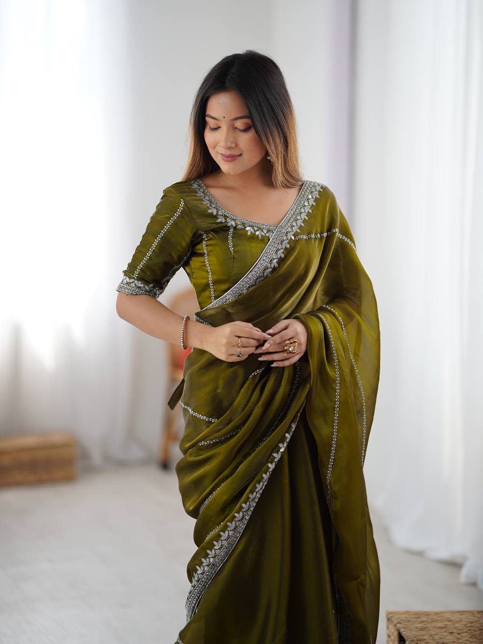 Prazu Fashion Mehndi Thread Sequins Organza Silk Party Wear Saree | Grocsy