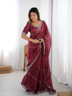 Prazu Fashion Maroon Thread Sequence Organza Silk Party Wear Saree | Grocsy