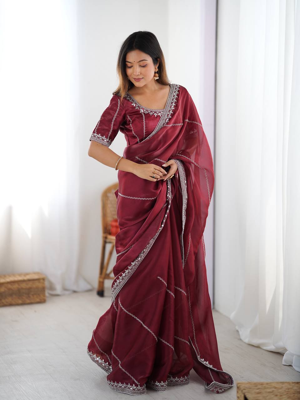 Prazu Fashion Maroon Thread Sequence Organza Silk Party Wear Saree | Grocsy