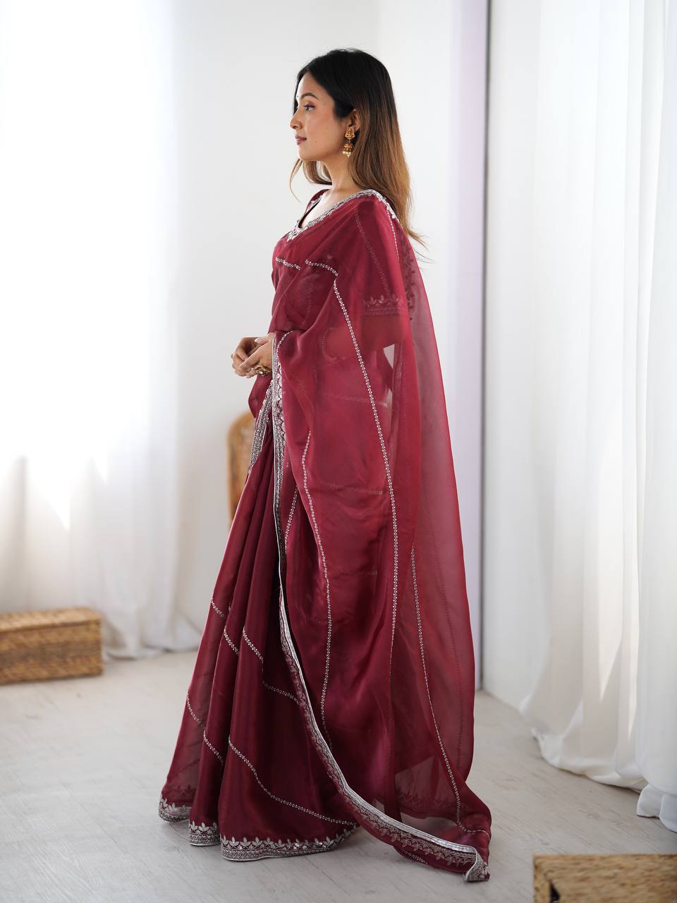Prazu Fashion Maroon Thread Sequence Organza Silk Party Wear Saree | Grocsy