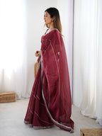 Prazu Fashion Maroon Thread Sequence Organza Silk Party Wear Saree | Grocsy