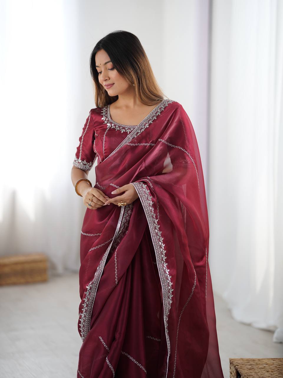 Prazu Fashion Maroon Thread Sequence Organza Silk Party Wear Saree | Grocsy