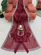 Prazu Fashion Maroon Thread Sequence Organza Silk Party Wear Saree | Grocsy