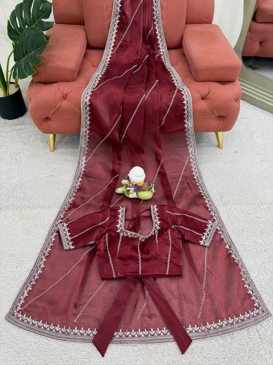 Prazu Fashion Maroon Thread Sequence Organza Silk Party Wear Saree | Grocsy