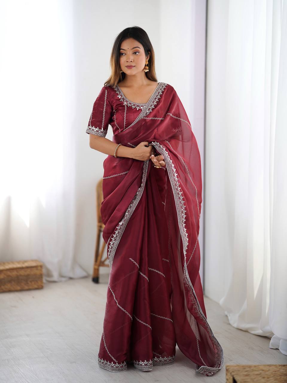 Prazu Fashion Maroon Thread Sequence Organza Silk Party Wear Saree | Grocsy