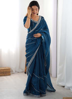 Prazu Fashion Rama Thread Sequence Organza Silk Party Wear Saree | Grocsy