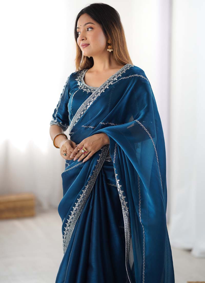 Prazu Fashion Rama Thread Sequence Organza Silk Party Wear Saree | Grocsy