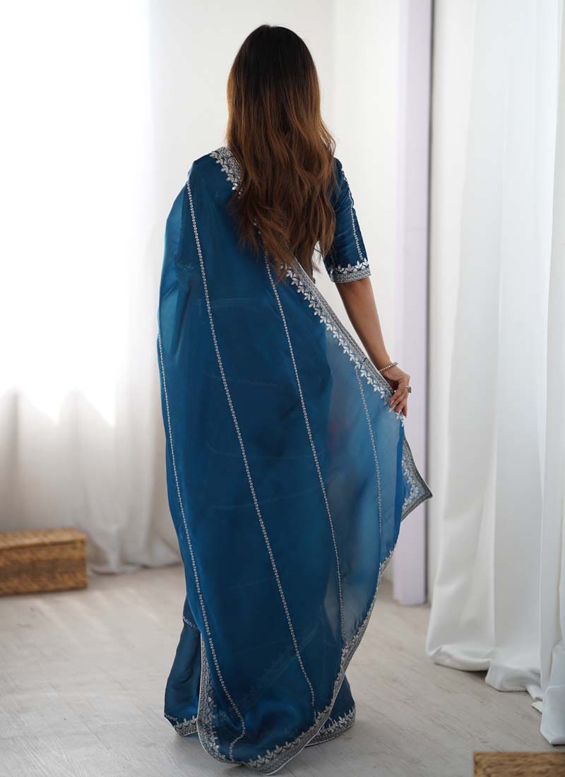 Prazu Fashion Rama Thread Sequence Organza Silk Party Wear Saree | Grocsy